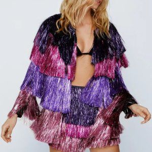 Nasty Gal Metallic Tiered Fringe Open Front Jacket (Taylor Swift Eras Tour)